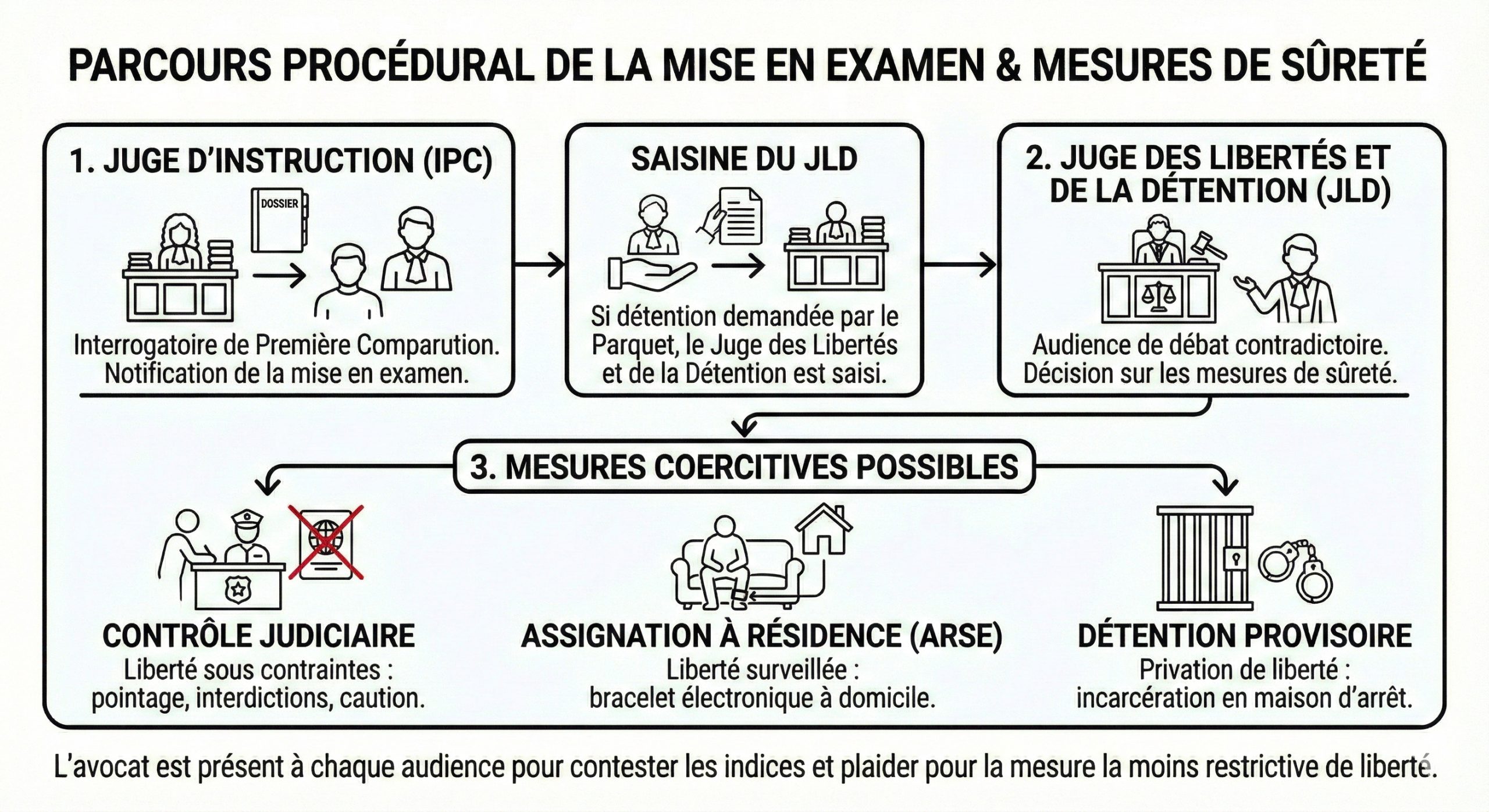 Infographie du parcours procédural après une mise en examen : de l'interrogatoire de première comparution (IPC) devant le juge d'instruction à l'audience devant le JLD pour le contrôle judiciaire, l'ARSE ou la détention provisoire.