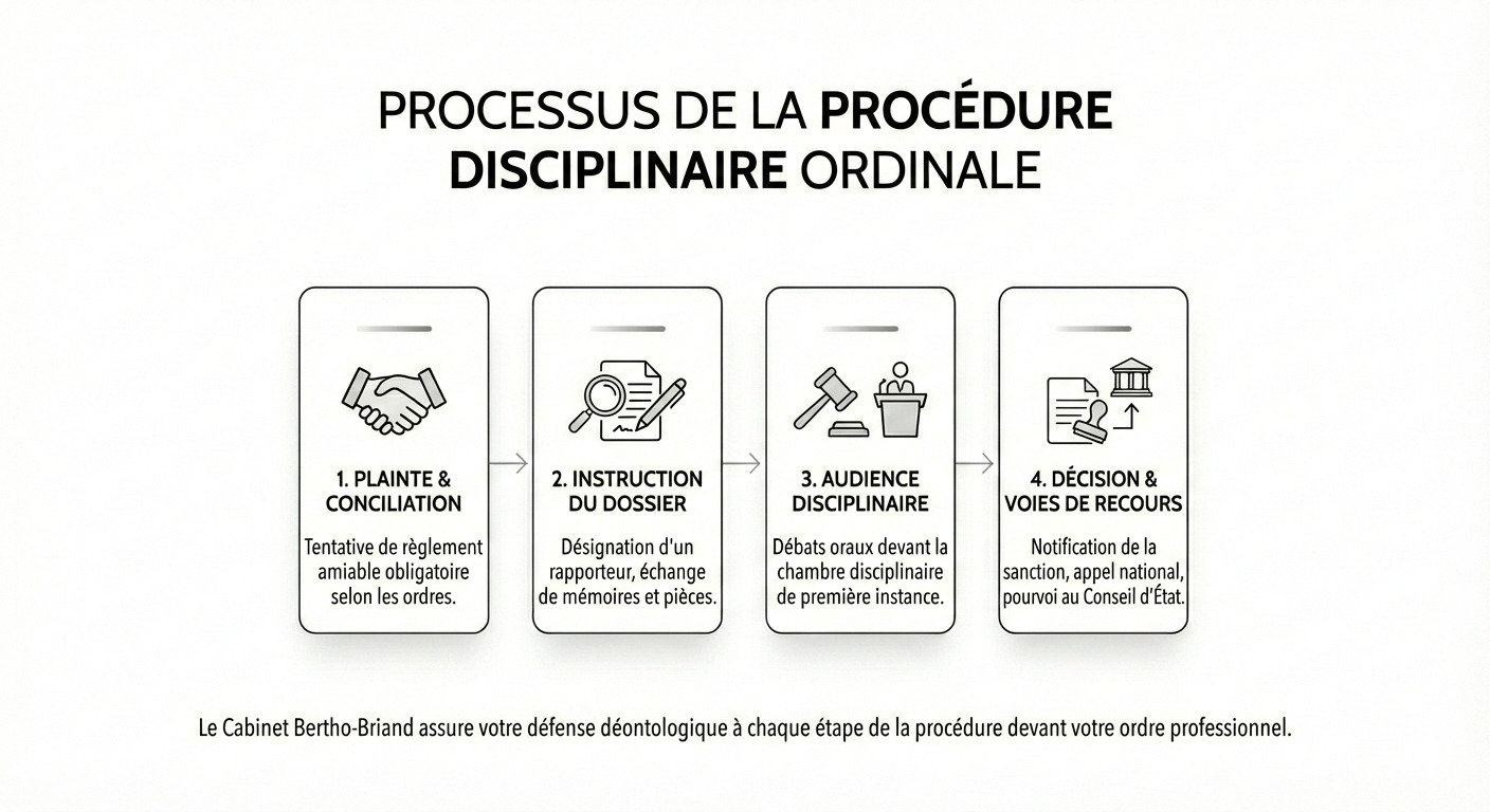 « Schéma des étapes de la procédure disciplinaire devant les ordres professionnels (médecins, architectes, notaires) : de la phase de conciliation à l'audience et aux recours, par Maître Bertho-Briand, avocat à Lyon. »